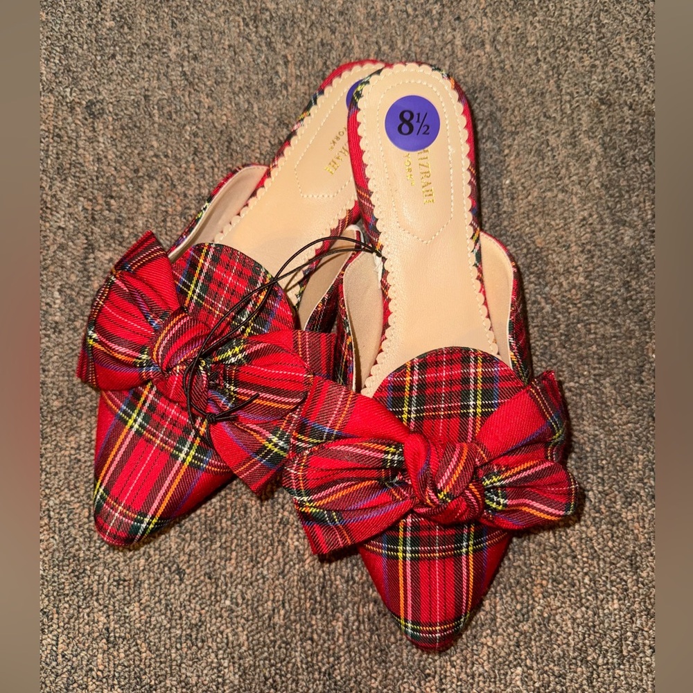 Isaac Mizrahi Red Plaid Bow Shoes Mule Slides Shoes Christmas New Sz Size 8.5